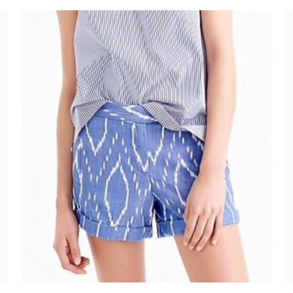 J. Crew Sunwashed Cotton Cuffed Shorts Blue Ikat Mid-Rise 10 - Picture 2 of 11